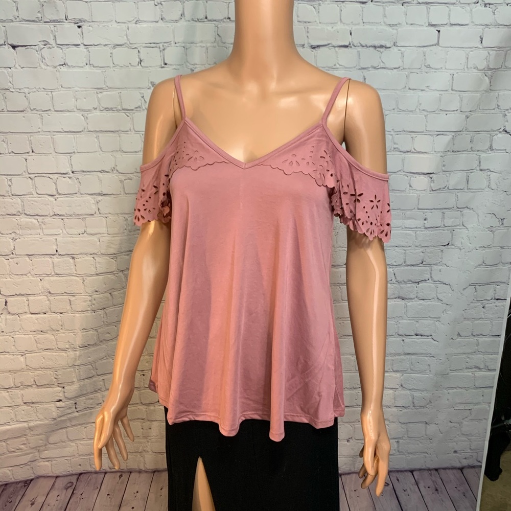 Francesca’s blue baby pint size xs cute & soft exposed shoulder blush top